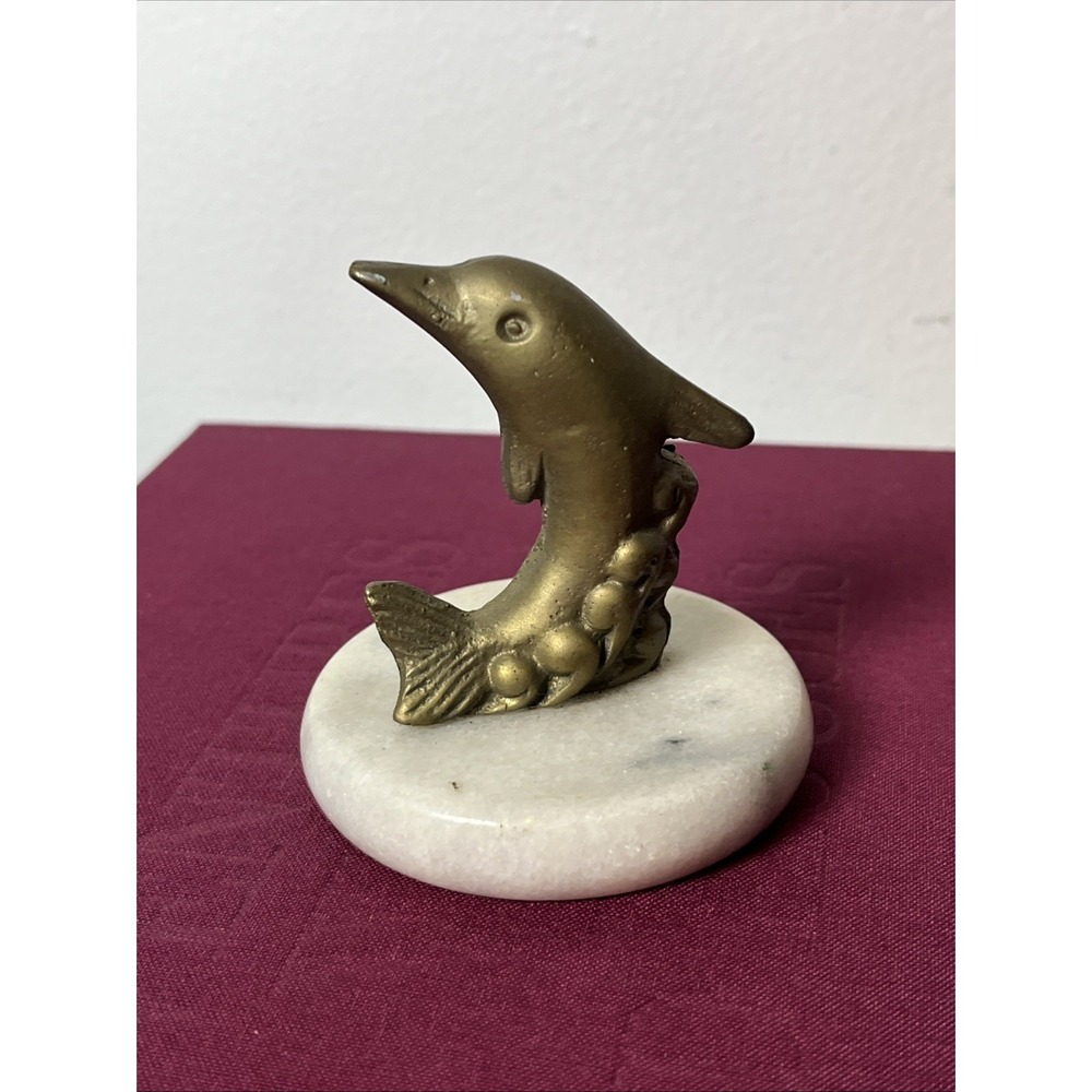 Mini Solid Brass Dolphin Figurine On Marble Disc Stand Vintage